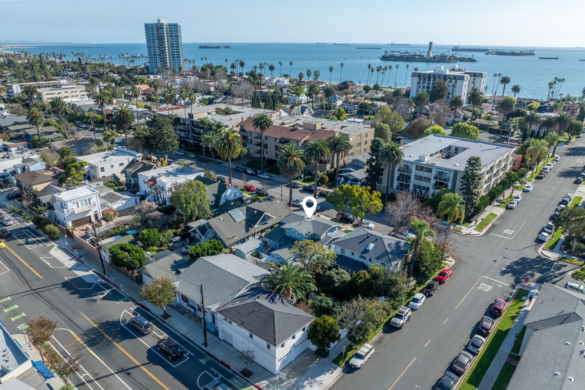 Aerial view of Bluff Park with the house marked and the ocean beyond